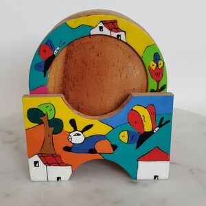El Salvadore Folk Art Hand painted Wood Coasters. set of 6